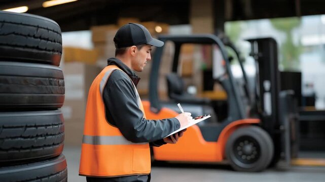 A worker unloads tires from a delivery truck, with tires rolling, a clipboard checking shipments, a warehouse door open, and a forklift waiting inside, depicted in a busy photo with rubber bounces,