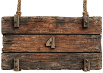 Wooden sign with rope, weathered planks, numeral "4