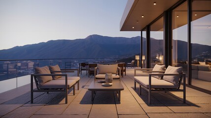 Fototapeta premium Mountain View Balcony with Modern Furniture