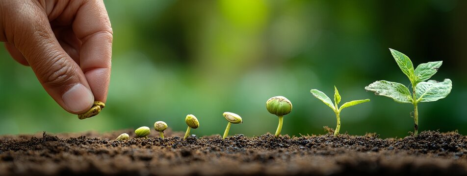 A hand planting seeds in the soil, with each seed sprouting into young plants representing growth and vitality. the background is blurred to focus on the vibrant greenery of emerging plants against.