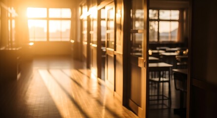 Golden sunlight spills into an inviting corridor, casting a warm glow on the wooden floor and illuminating the doorways. A sense of tranquil anticipation hangs in the air.