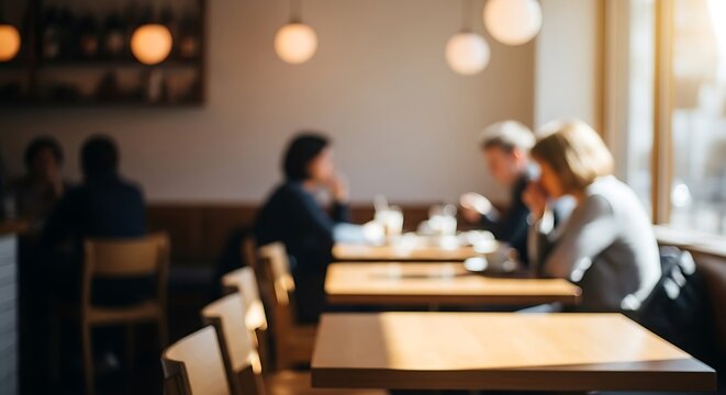 Blurred Cafe Ambiance: Sunlight streams into a cozy cafe, illuminating the silhouettes of customers engaged in conversation, enjoying the warmth of a comfortable setting.