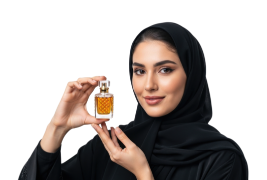 Beautiful woman in hijab holding a perfume bottle transparent background cutout png