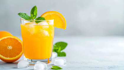 Fototapeta premium Healthy detox drink in glass with fresh juice, ice cubes, orange slices and mint leaves, refreshing