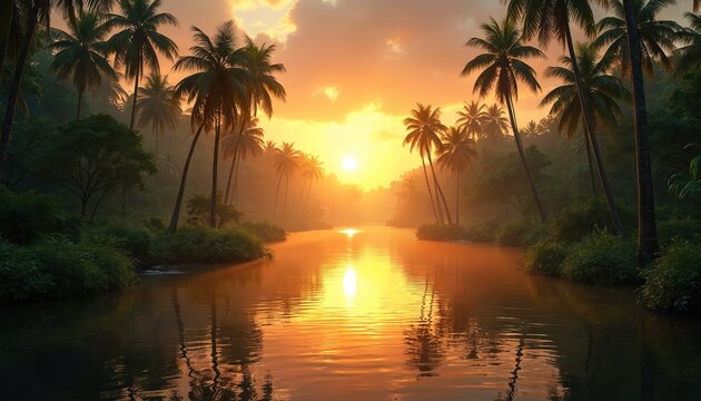Tropical sunset river landscape photo. Sun sets between rich palm trees over calm water. Palm trees reflect in tranquil water during golden hour. Serene nature scene depicts paradise vacation. - Powered by Adobe