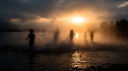 Children joyfully splash in water during a golden sunset creating dynamic water spray against a dramatic sky