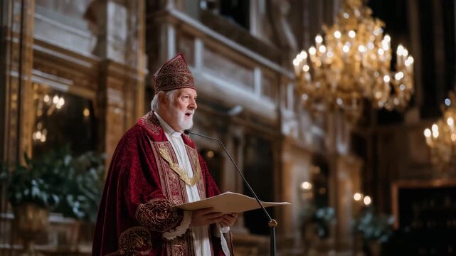 Elder cardinal in ornate red vestments delivering a solemn sermon beneath golden chandeliers in a Renaissance cathedral, symbolizing spiritual guidance, religious hierarchy, papal tradition, and