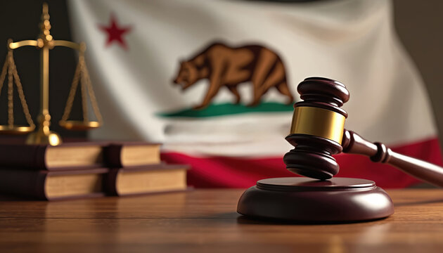 Gavel rests near California flag books. Scales show law concept. California legislation balances justice. Fair judicial system in state. Legal process underway. Court hammer legislative decision.
