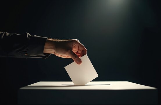 Hand casts white blank paper ballot into white voting box with slot in dark room. Citizen participates in election process making choice. Vote concept.