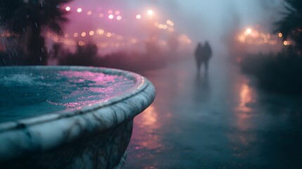 A couple walks on a wet fog laden path illuminated by colorful bokeh lights with a marble fountain in the foreground at dusk