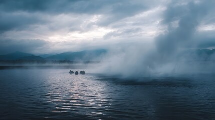 Mysterious mist rises from a serene lake with wildlife at dawn under dramatic cloudy skies