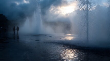 Silhouetted figures walk past dramatic water fountains spraying mist at dusk under cloudy skies