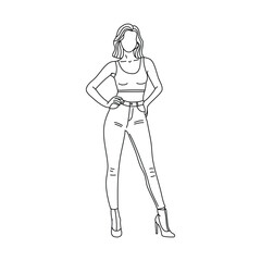 Stylish Woman in Crop Top and Jeans Pose line drawing. Line art. Illustration