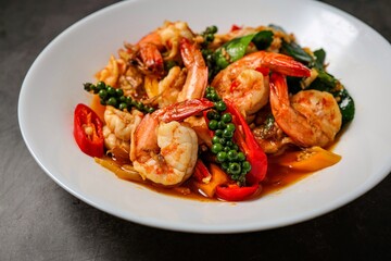 Stir fried spicy shrimp in a white plate