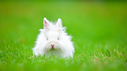 rabbit. A fluffy white rabbit rests on a spring meadow, surrounded by blurred green grass and soft natural light. wildlife magazines.