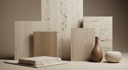 Interior Design Concept Mood Board Featuring Travertine, Wood Samples, and Decorative Vases.