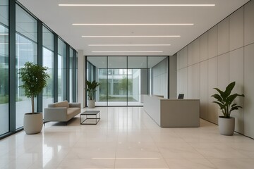 Modern Office Reception Area with Natural Light and Minimalist Design for a Welcoming and Serene Workspace