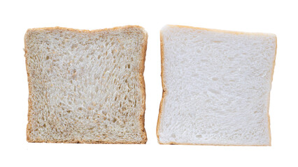 Whole wheat bread and white bread slice comparison on white background