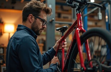 Man in glasses examines red bicycle frame on repair stand. He holds frame with both hands. Man works in workshop with blurred background. Bicycle has black wheel and.