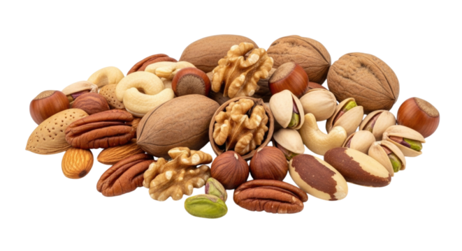 Assorted Nuts in a Pile, transparent background, cutout PNG