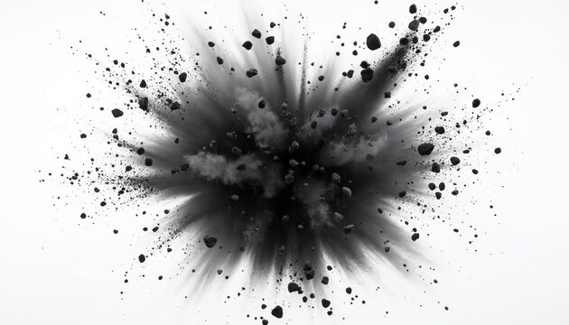 Realistic black charcoal powder burst, small coal pieces fly outwards with dust cloud. Macro closeup of activated carbon particles exploding on white background. Energy concept.