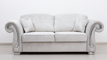 Fototapeta premium residential. A modern gray sofa against a white wall, embodying contemporary interior design and comfort. real-estate listings.