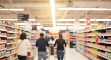 Blurred Supermarket Scene: Capturing the energy of shopping, shoppers navigate aisles filled with products. It reflects a busy day in a retail setting.