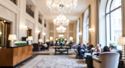 Elegant Grand Foyer: A luxurious foyer, illuminated by crystal chandeliers, welcomes guests with opulence, featuring comfortable seating areas and natural light streaming through large windows. 