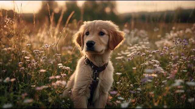 Adorable Golden Retriever Puppy in a Wildflower Meadow during Golden Hour