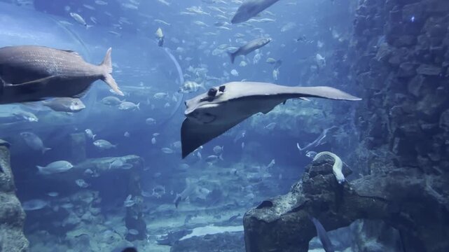Aetomylaeus bovinus, the bull ray or eagle ray, performs a spiral descent at San Sebastian aquarium. Meagres and sand tiger sharks appear in the background. 