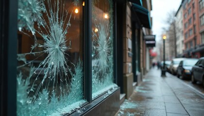 Shattered storefront window pane with glass fragments on sidewalk. Broken shop front facade on city street. Damaged business exterior after vandalism or accident.