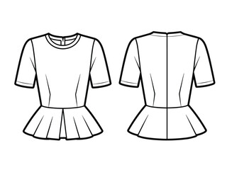 Obraz premium Women peplum top fashion flat sketch, short sleeve blouse front and back view, vector clothing design template, elegant apparel illustration
