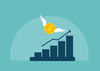 Crypto market growth illustration with a winged digital coin soaring above an ascending bar chart, symbolizing investment rise.