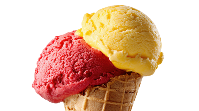 Ice cream cone holding two scoops, one red and one yellow, showing sweet delicious summer treat isolated on white background