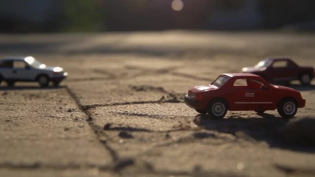 Small red toy car on a sunlit street, a scene representing a nostalgic childhood memory and the simple joys of miniature play