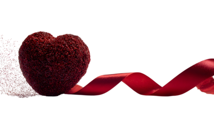 Heart shaped strawberry with flowing red ribbon on black background