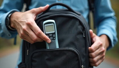 Man puts electronic thermometer into backpack pocket. Guy travels with health monitoring tool. Person takes medical device for temperature check. Modern diagnostic concept for tourist on a journey.