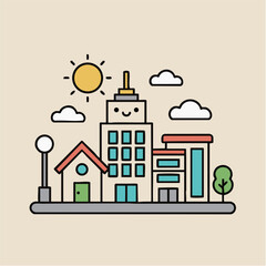 Minimal Pop City Architecture Skyscraper Tree Icon | ミニマルポップな都市建築の風景と木のアイコン