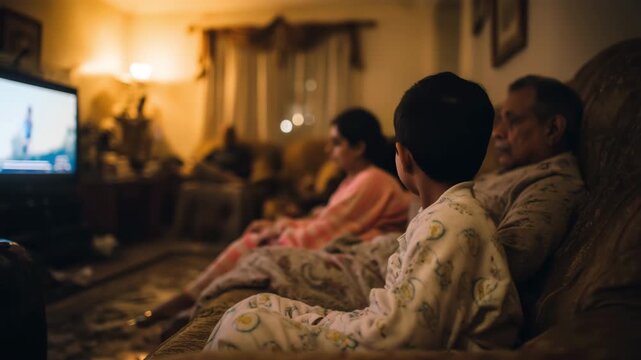 Indian family lounging in pajamas, enjoying movie night together while watching glowing screens in cozy living room setting