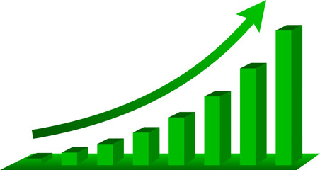 Green 3D Bar Chart with Upward Arrow Indicating Growth, Progress, Success, and Positive Trend
