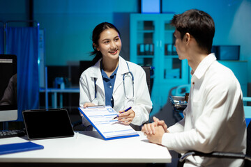 patient filling insurance legal document at appointment with doctor. patient signing medical treatment contract, agreement form for taking medic care service, consultation, therapy.