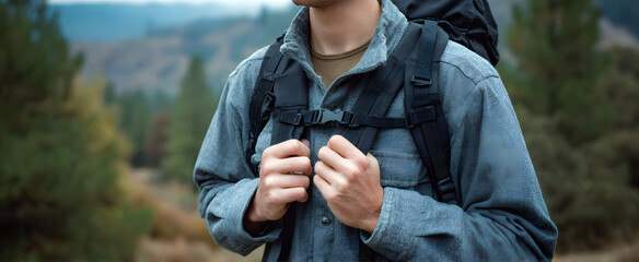 The hiker carefully adjusts backpack straps feeling determined and ready for the journey ahead
