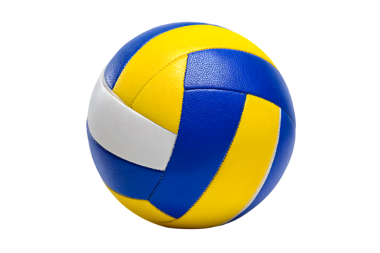 Close up of a professional volleyball with blue yellow and white panels