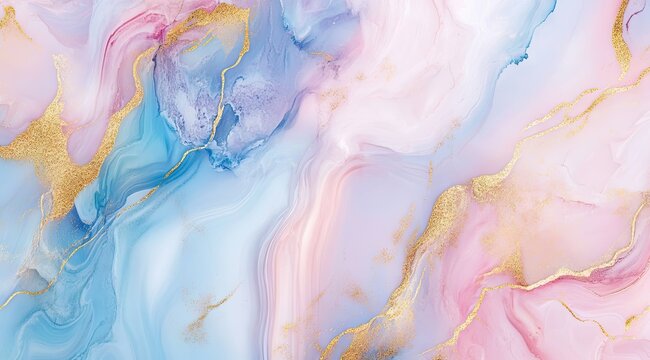 Abstract marbled design in pastel colors with gold accents