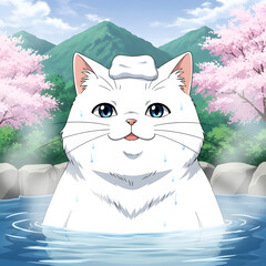 온천을 즐기는 거대한 흰색 고양이 애니메이션 스타일.