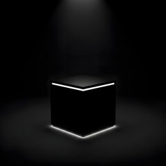 어두운 배경에 led 조명이 빛추는 사각형 포디움.
