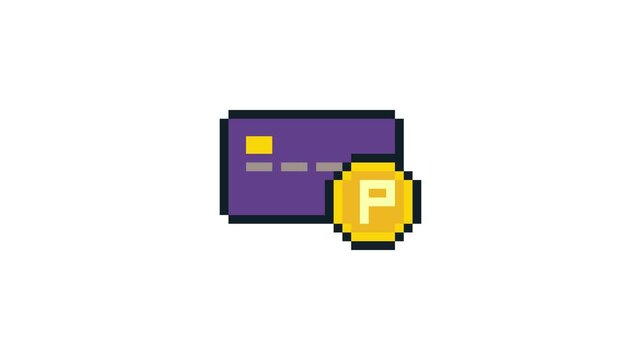 8-bit pixel art purple card phone and point icon. looped animation 4k 30fps