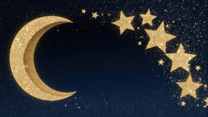Fototapeta premium Golden crescent moon and stars against a dark blue night sky.
