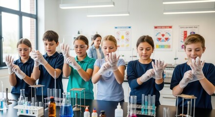 Students Preparing for Science Experiment, Wearing Gloves in Bright Laboratory.