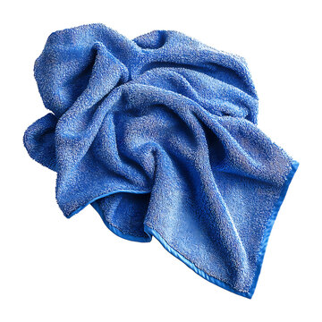 Folded bright blue microfiber towel detail on transparent background